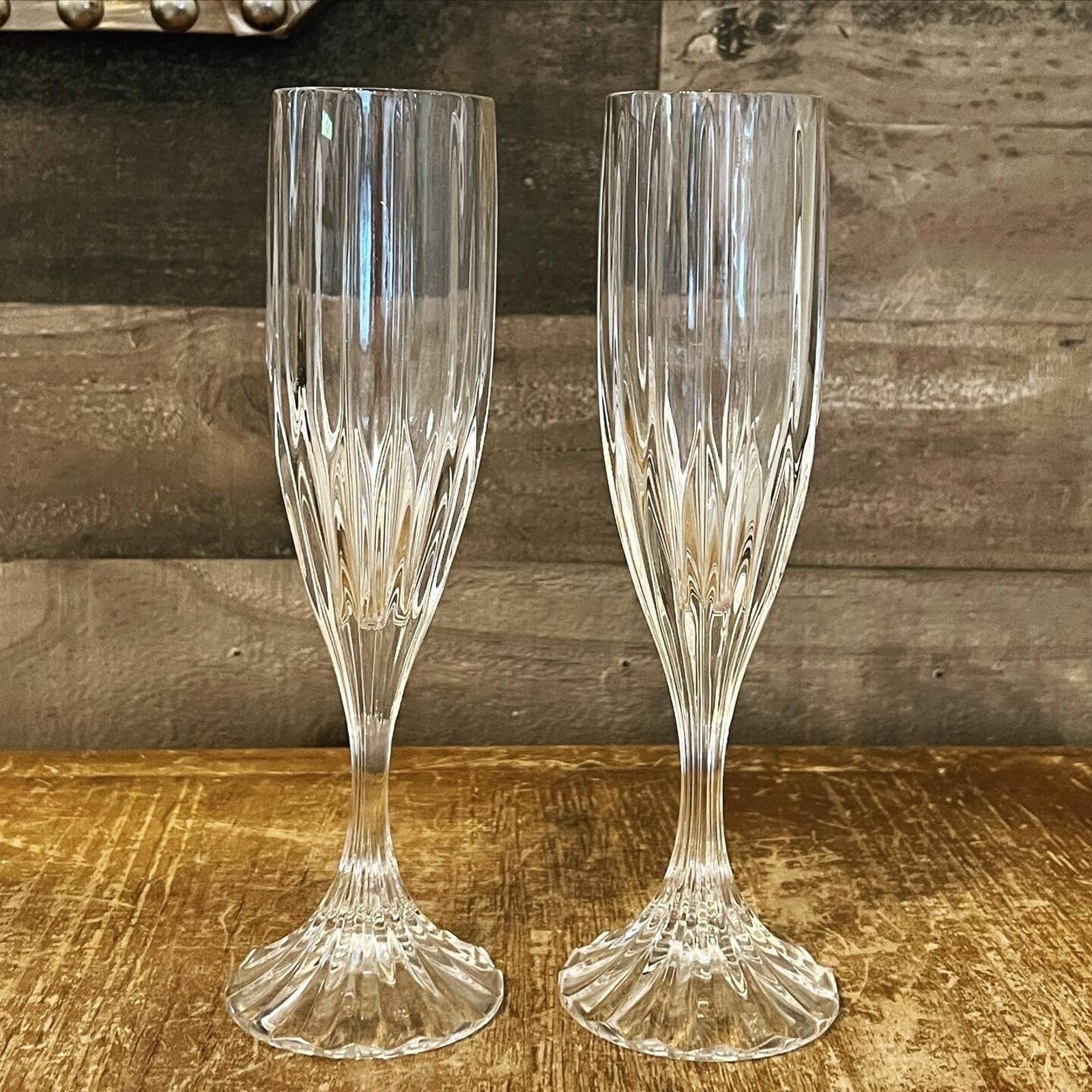 Pair of Mikasa crystal Park Lane faceted short stem heavy champagne fluted glasses elegant glasses bar glasses bar cart glasses