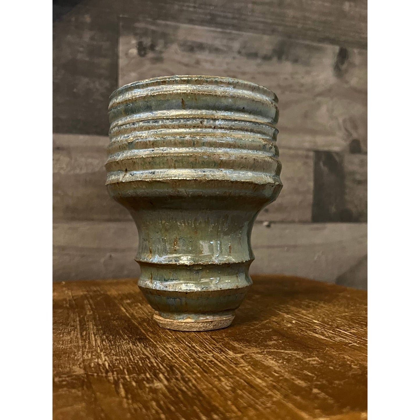 Light blue and tan glaze pottery vase - ridged vessel