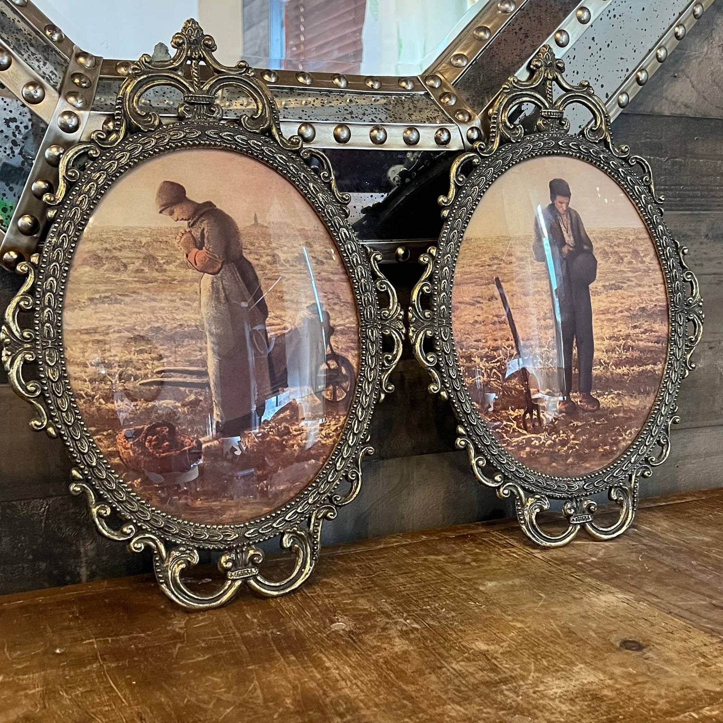 The Angelus by Jean Francois pictures - farmers pictures pair in oval Victorian frame