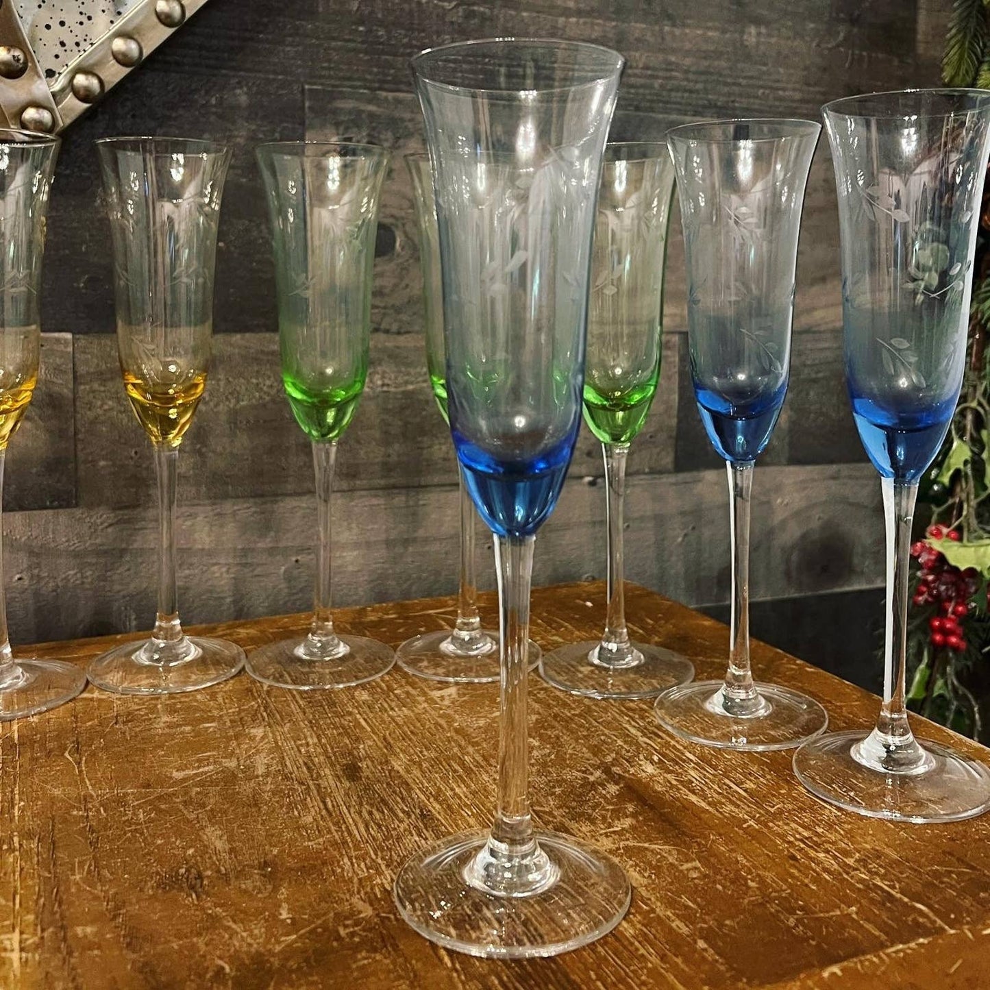 Multi color etched leaf crystal champagne flutes - pink, yellow, green, blue with champagne glasses