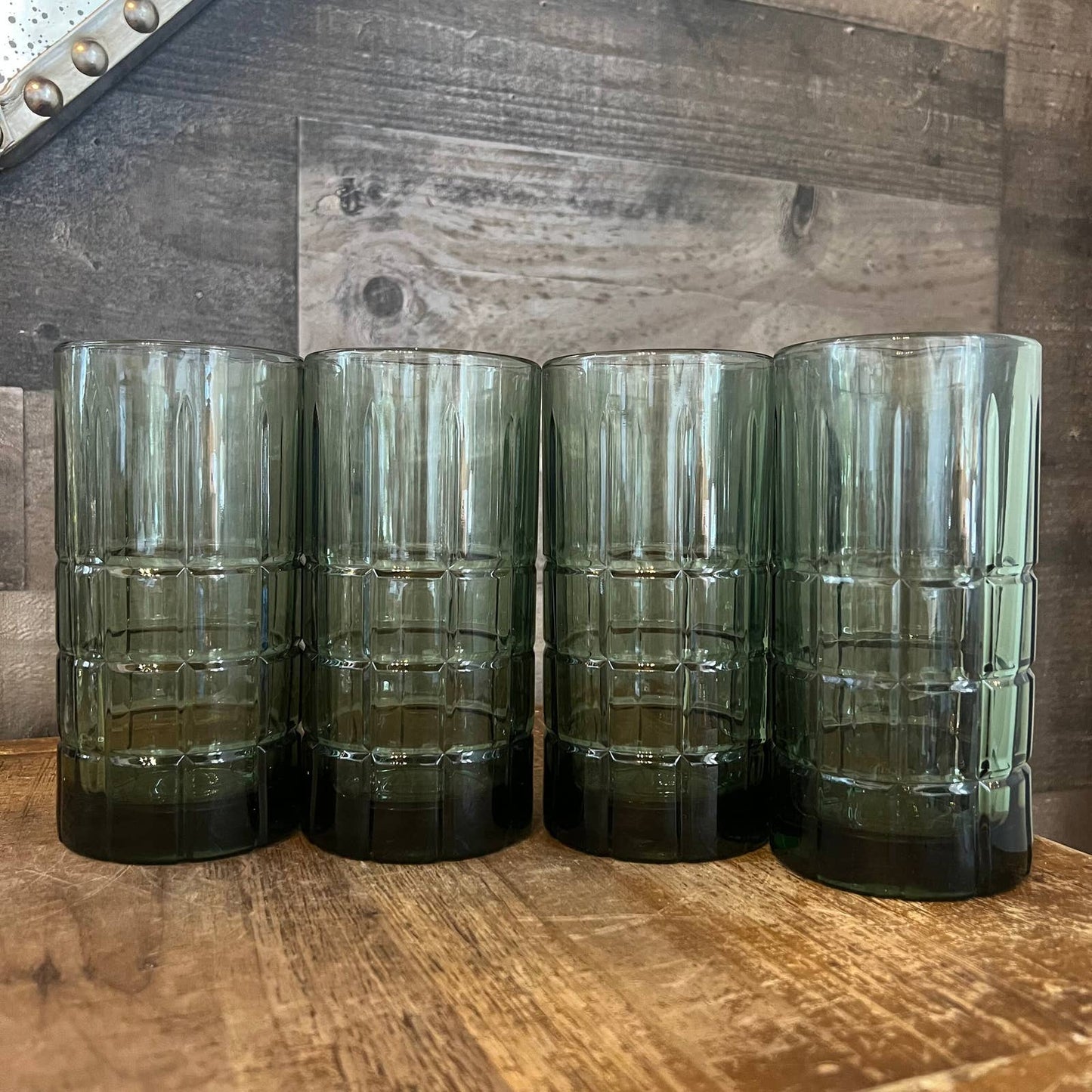 Vintage Anchor Hocking tall dark green tartan glasses - set of 4