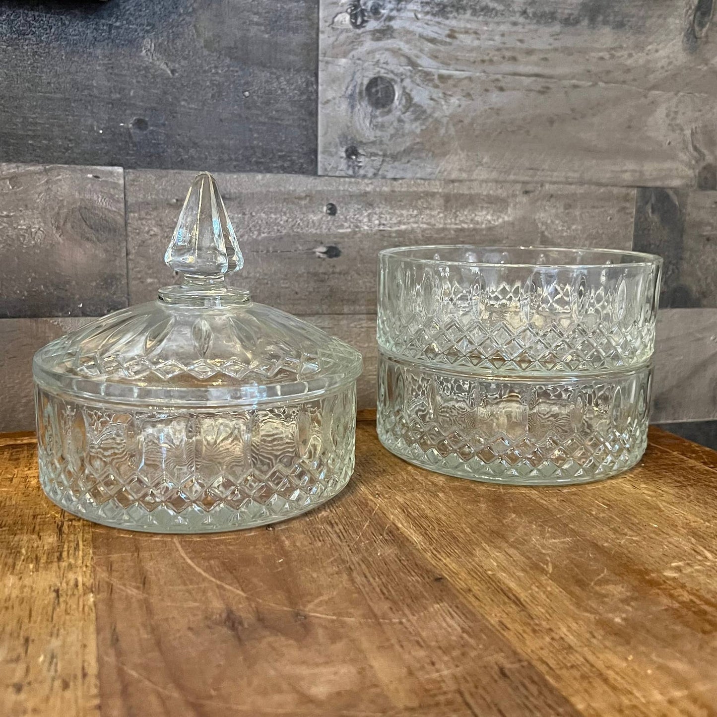 Vintage Indiana Glass 3 tier princess cut clear lidded dish