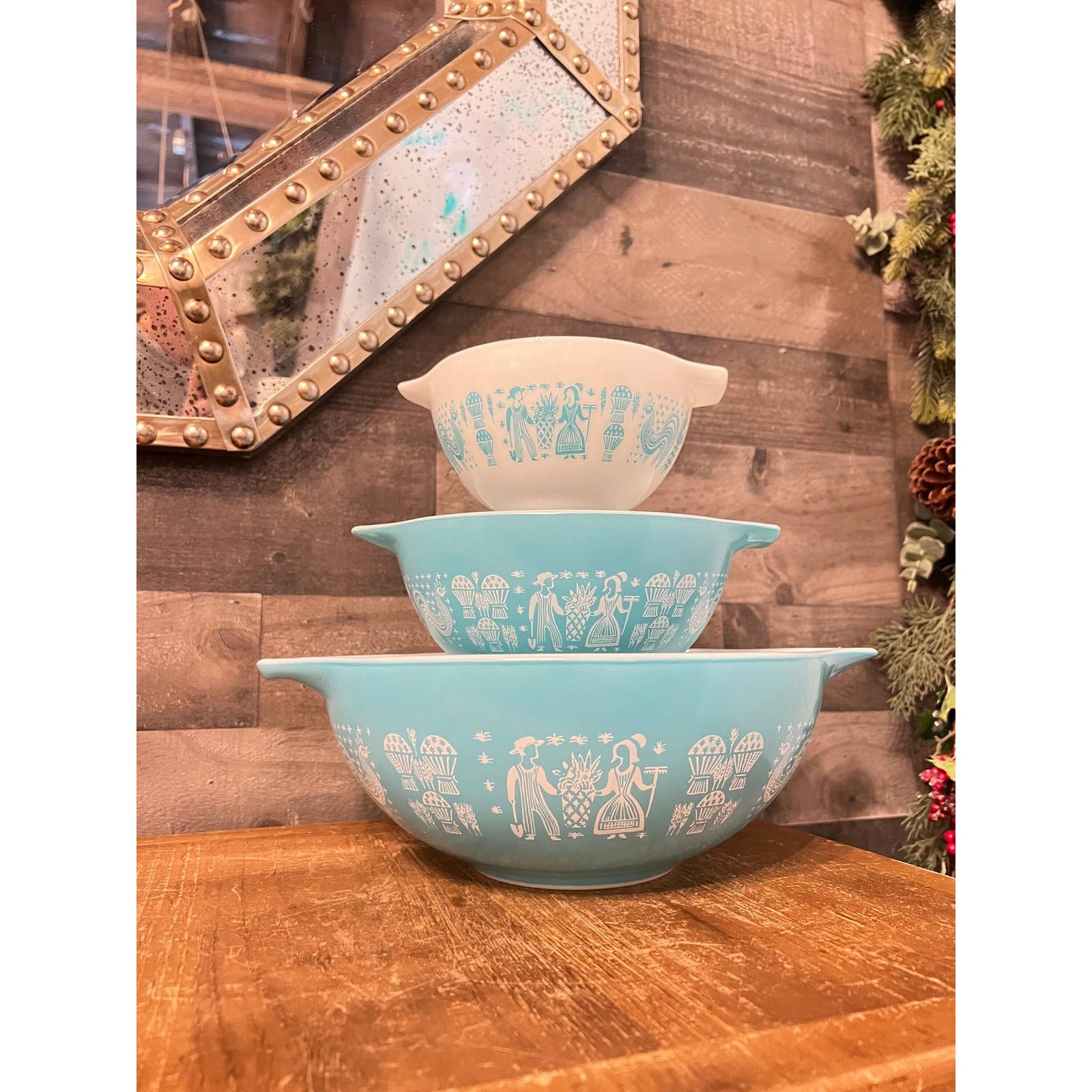 Pyrex turquoise butterprint Cinderella mixing bowl set 444 QT 442 1/2 QT 441 1/2 PT