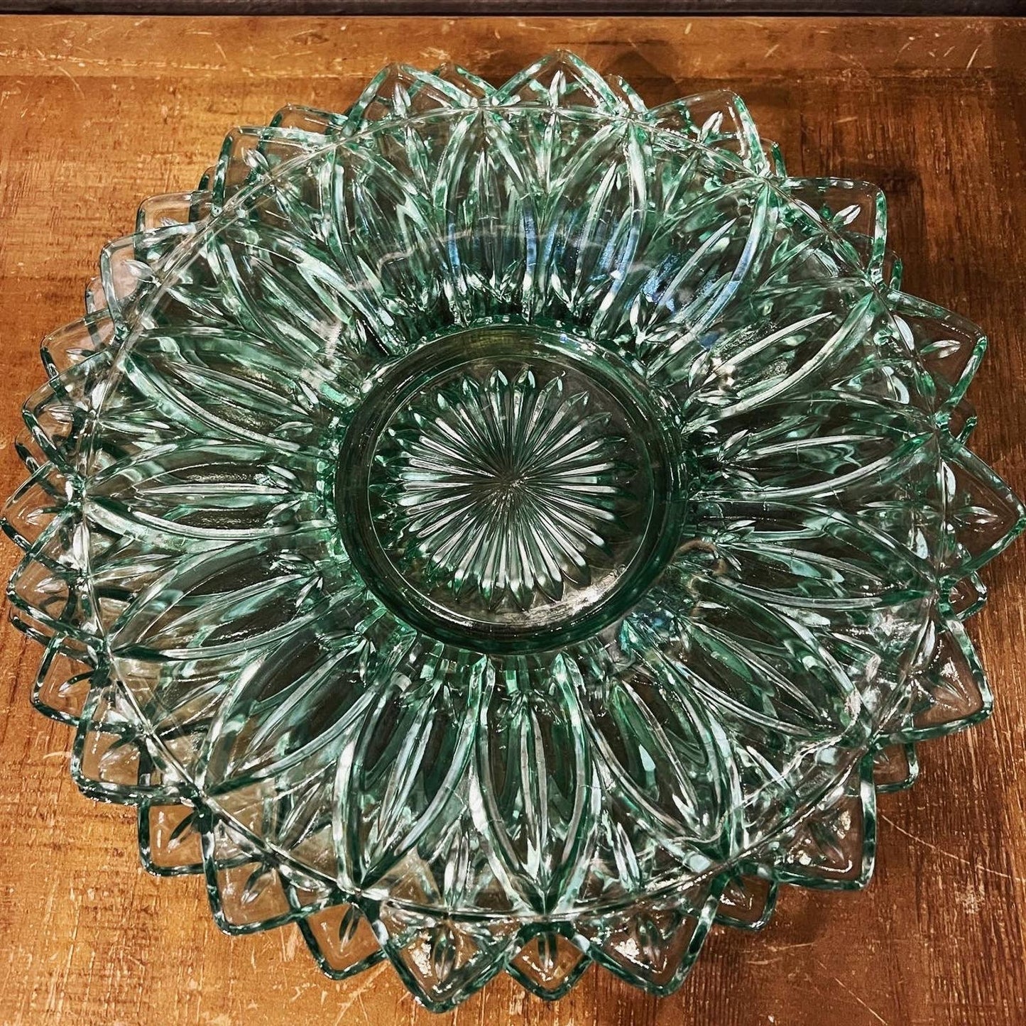 Federal green glass petal dinner plate