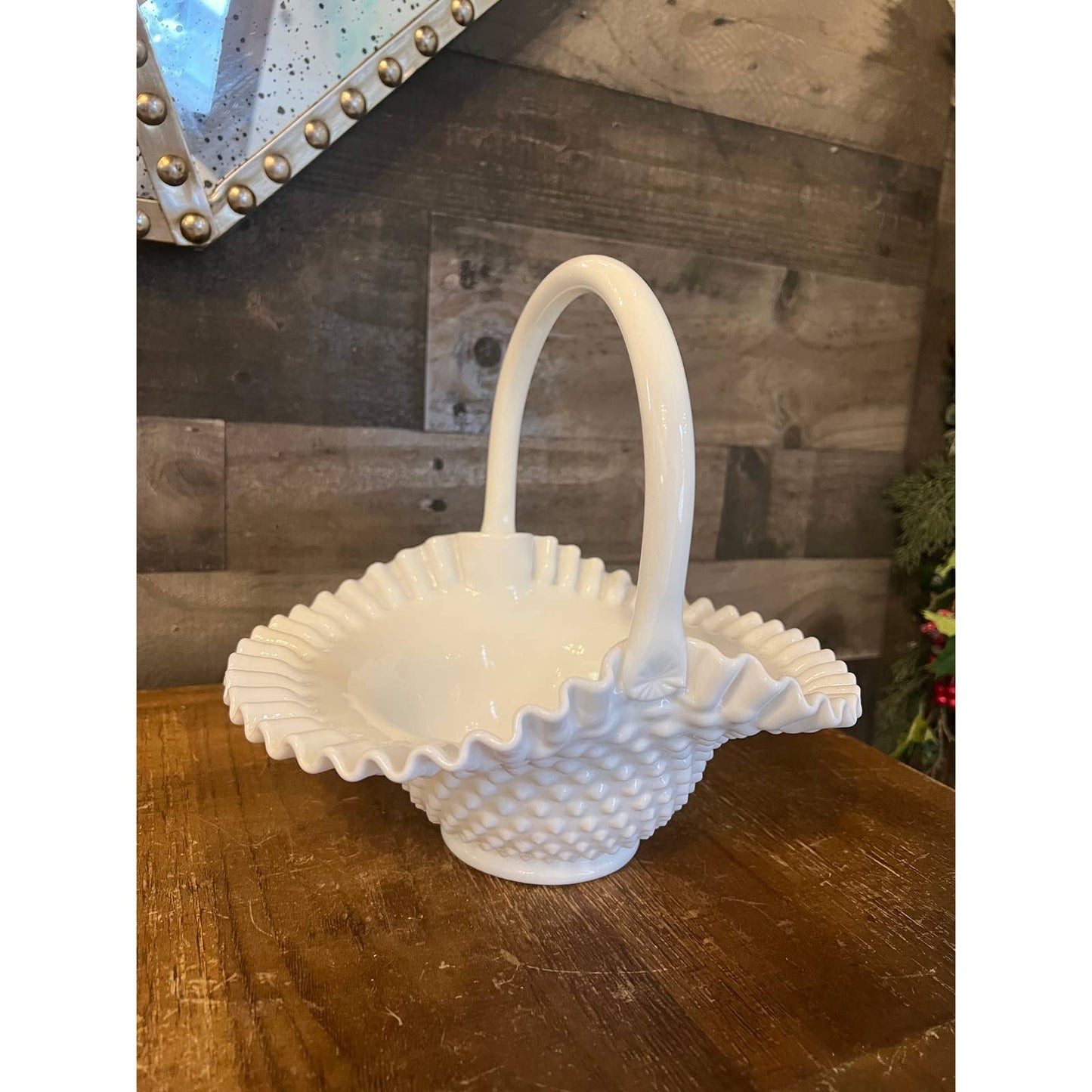 Vintage Fenton hobnail white milk glass handle basket with ruffled ribbon edge