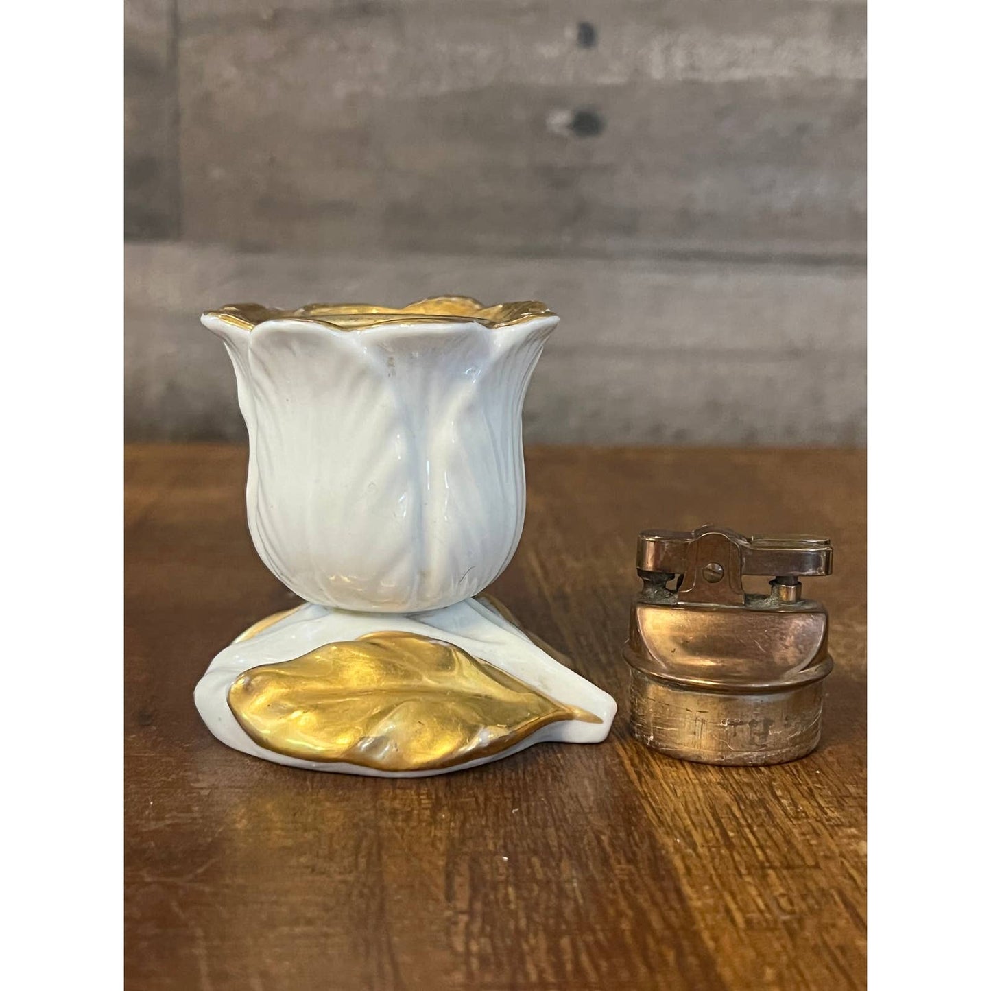 Rosenfeld Imports NY porcelain white and gold rose brass / copper table lighter