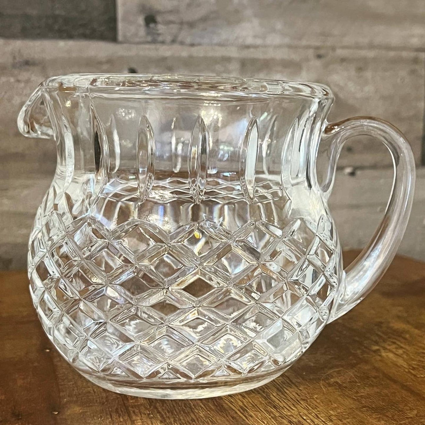 Vintage petite diamond cut heavy crystal handles pitcher - squat pitcher - martini pitcher - drink pitcher - bar pitcher - bar cart pitcher