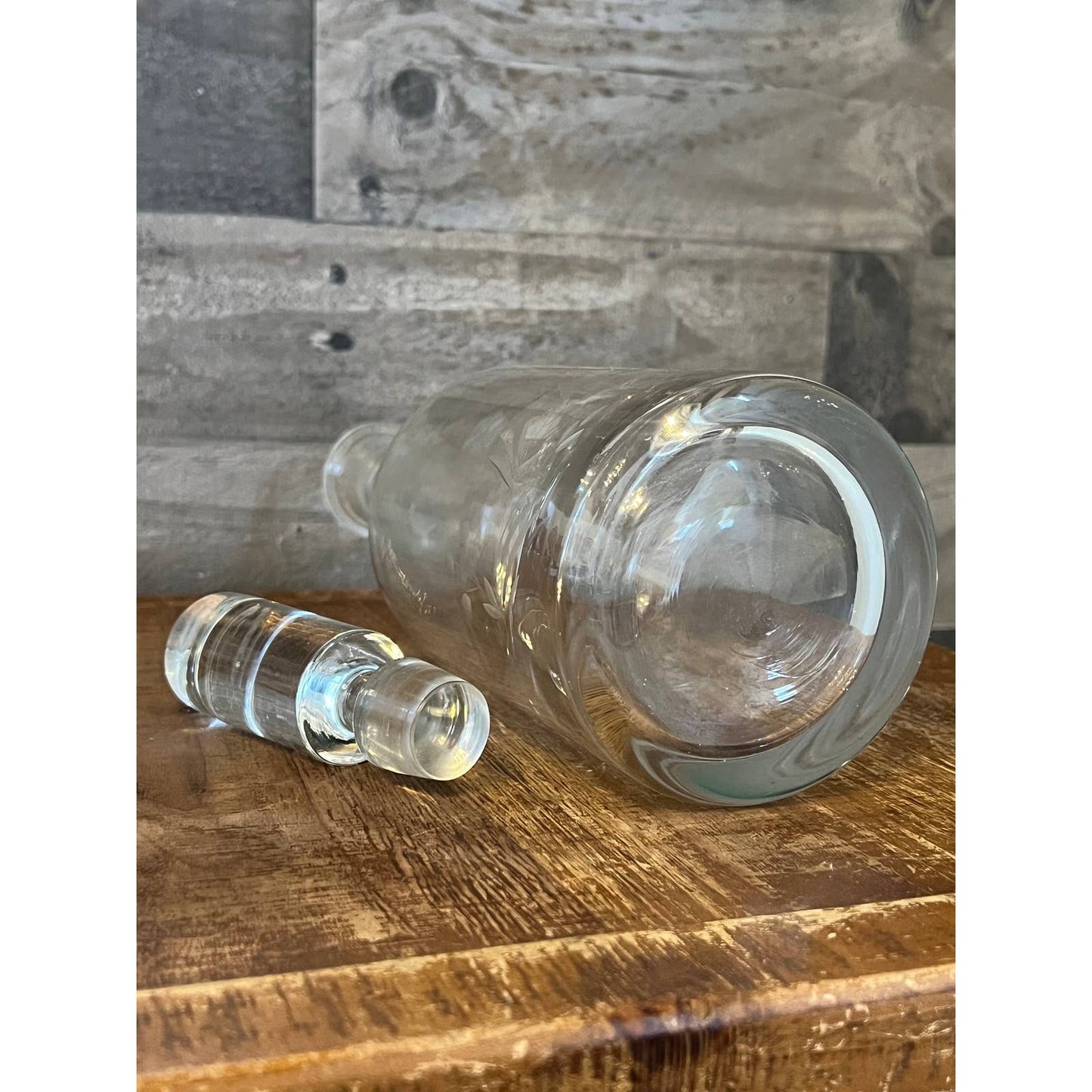 Clear glass floral etched tall decanter and cylinder stopper