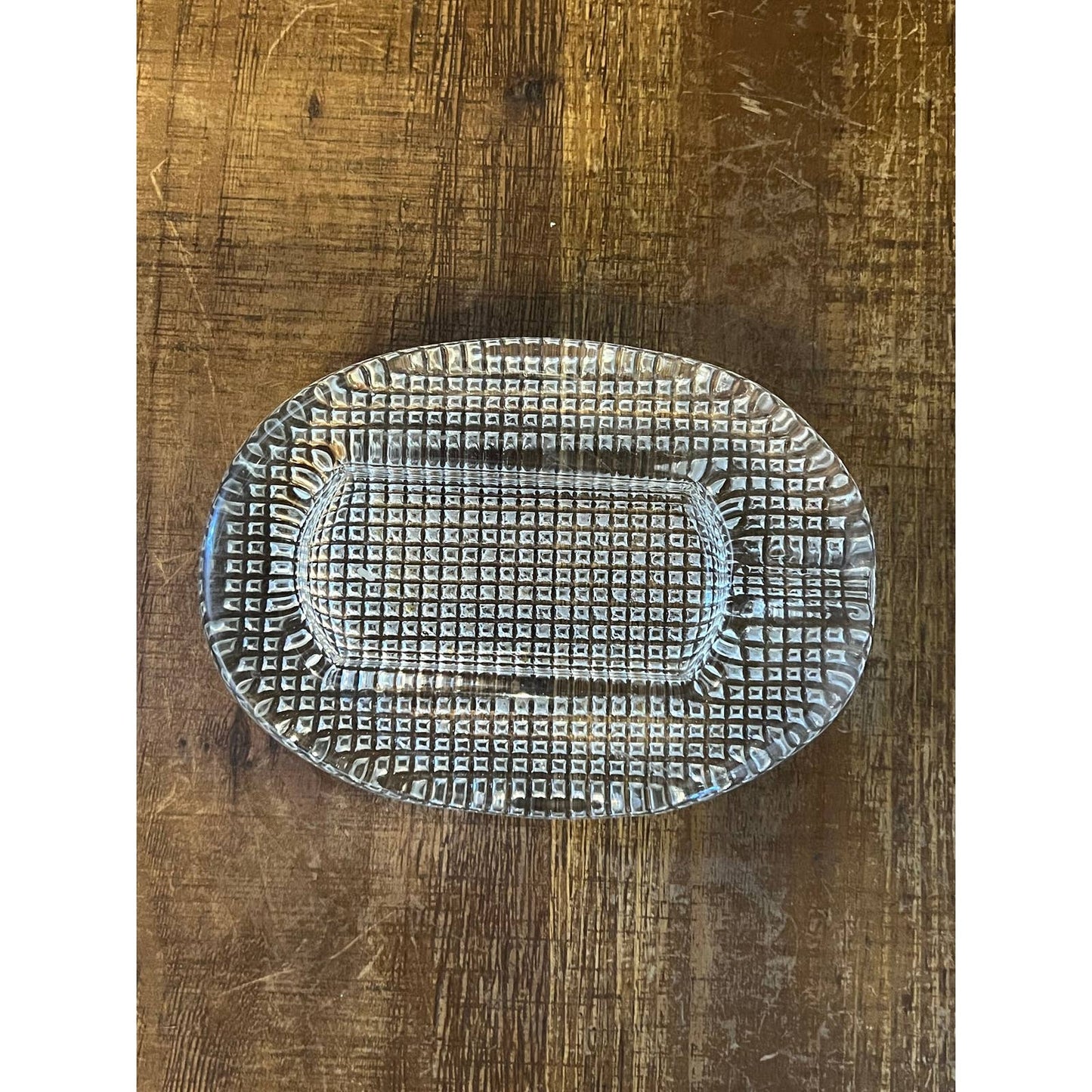 Vintage art deco thick cut clear glass grid pattern oval ashtray - abstract trinket tray