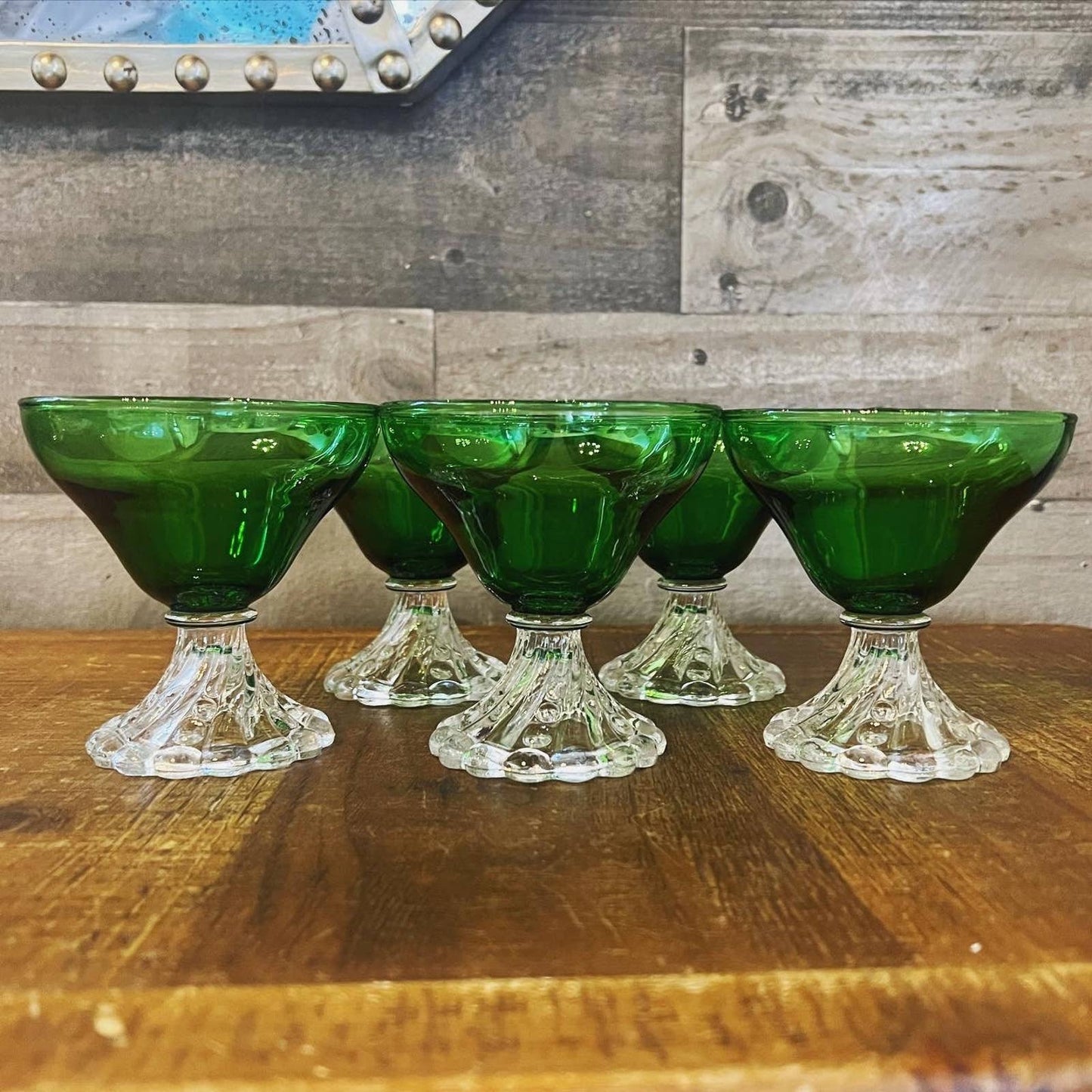 Vintage set of 5 anchor hocking emerald green burple inspiration glasses with clear bubble swirl short stem - champagne coupe-cocktail glass