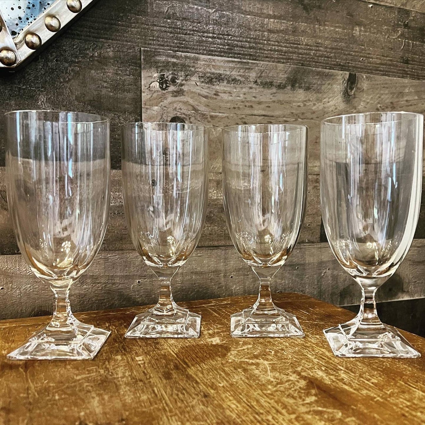 Elegant set of 4 square pedestal base clear glass goblets