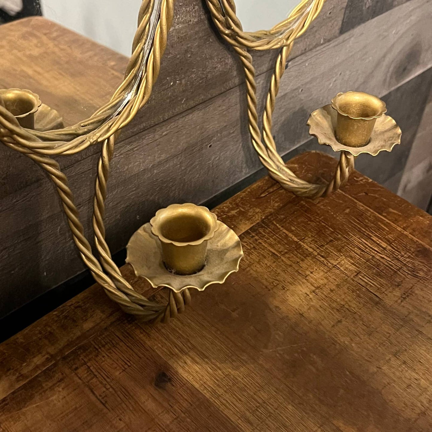 Vintage pair of gold braid mirrored candlestick wall sconces