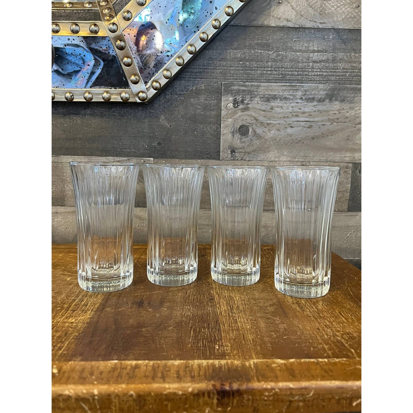 Set of 4 ribbed flared rim clear glass tall tumblers