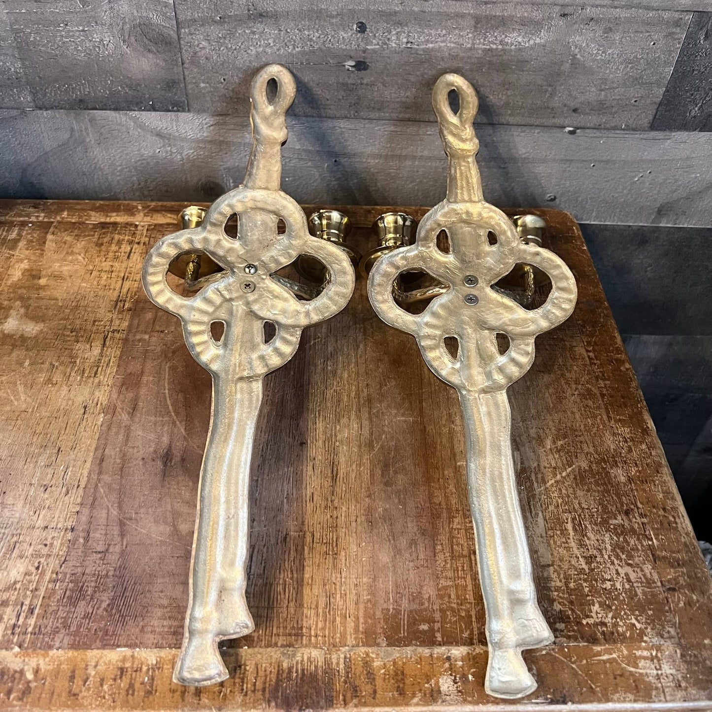 Vintage brass bow ribbon tassel wall sconces - pair