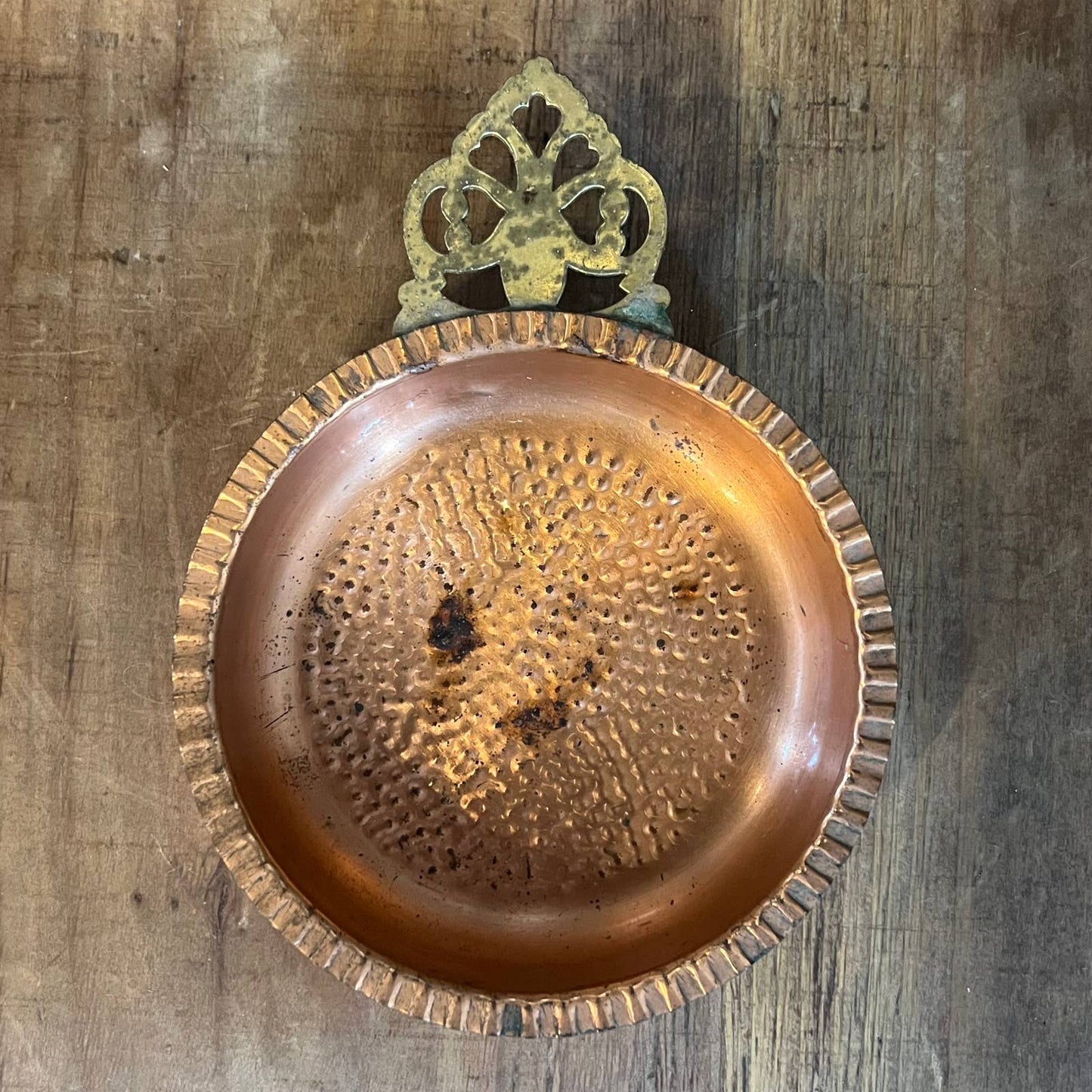 Vintage hammered copper trinket tray with brass handle
