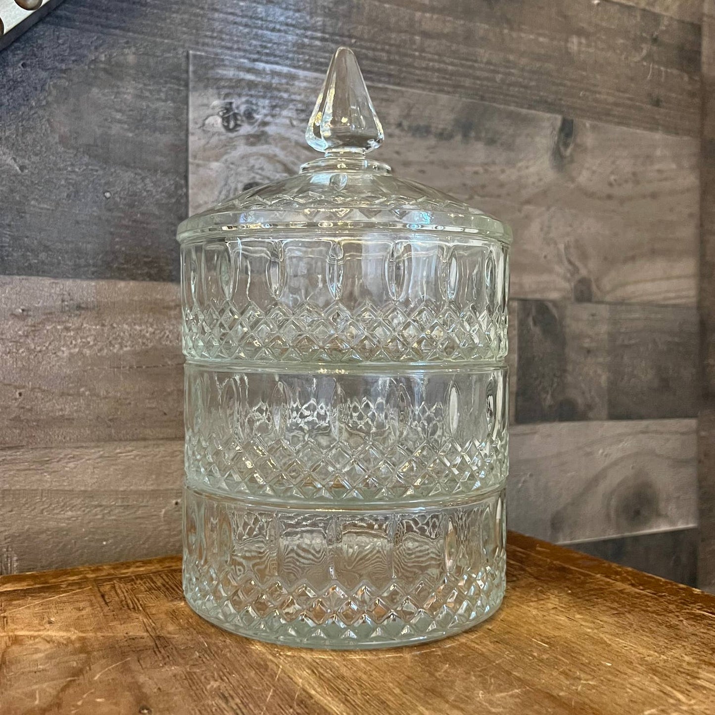 Vintage Indiana Glass 3 tier princess cut clear lidded dish