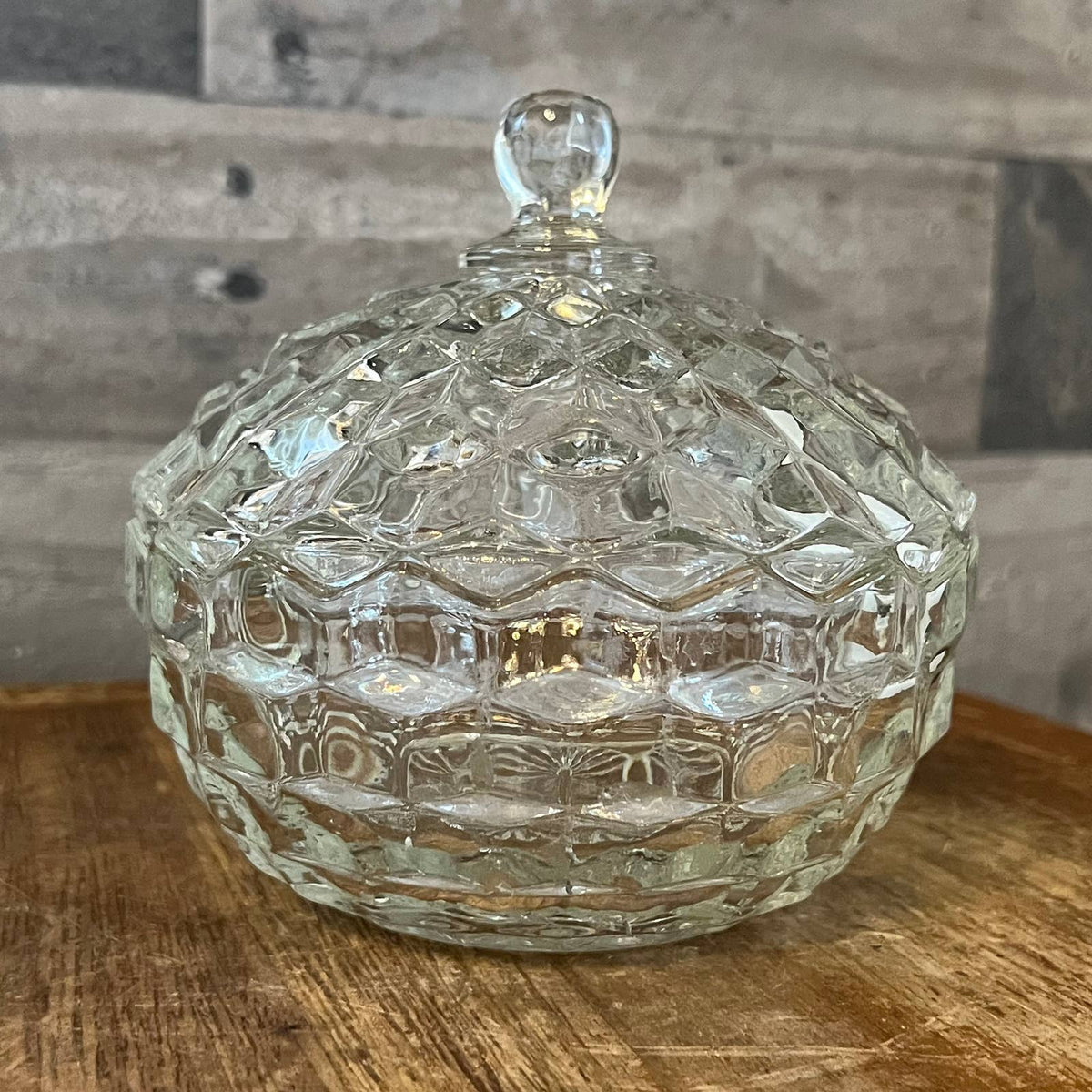 Vintage Fostoria American Clear cubist lidded candy dish