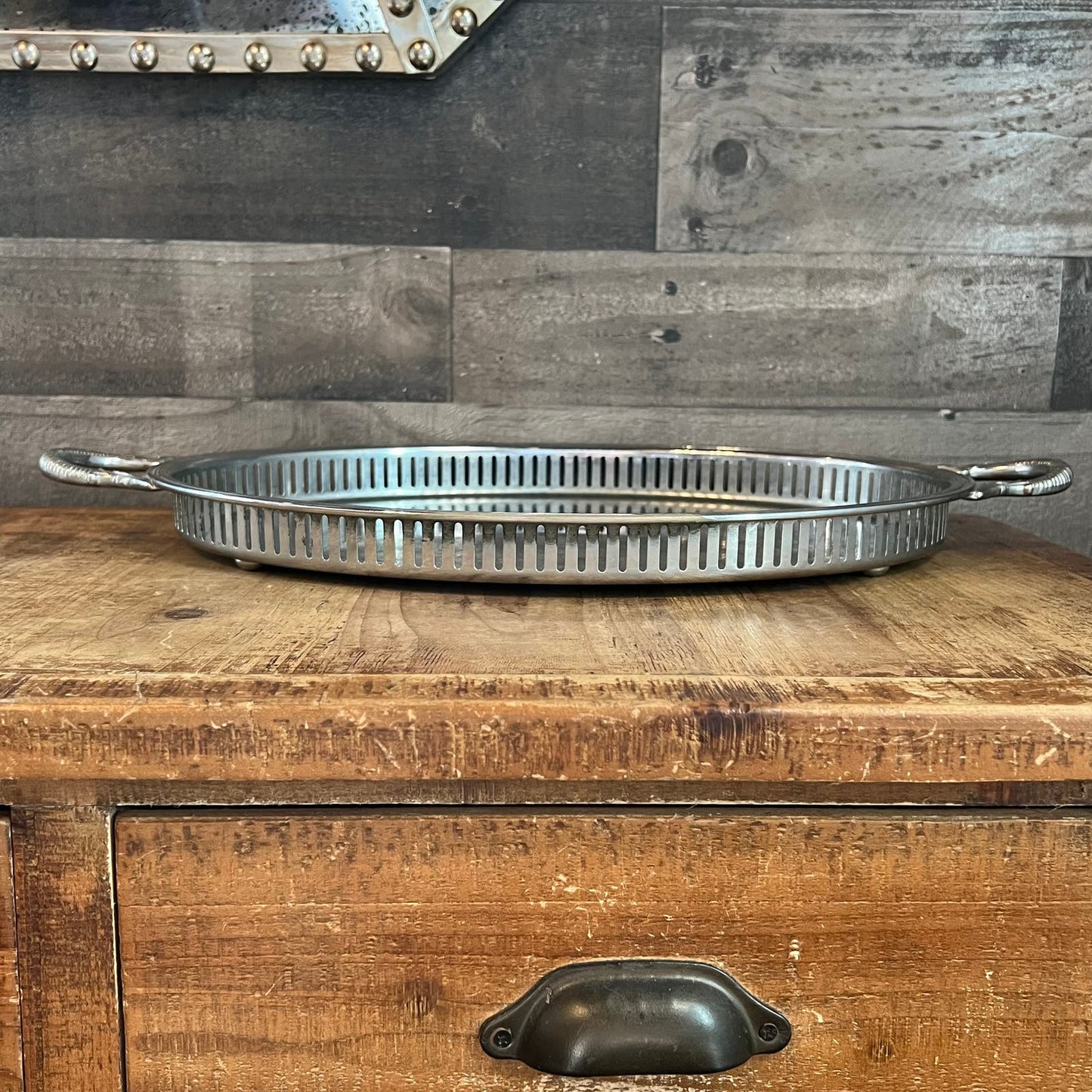 Vintage Krome Kraft Farber Bros Oval Raised Rim Handled Serving Tray