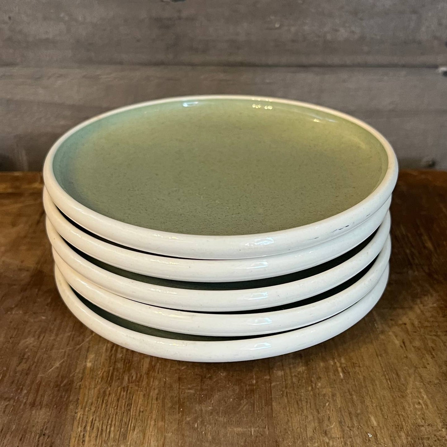 Vintage Harkerware by Russel Wright green and white small coupe plates - set of 5
