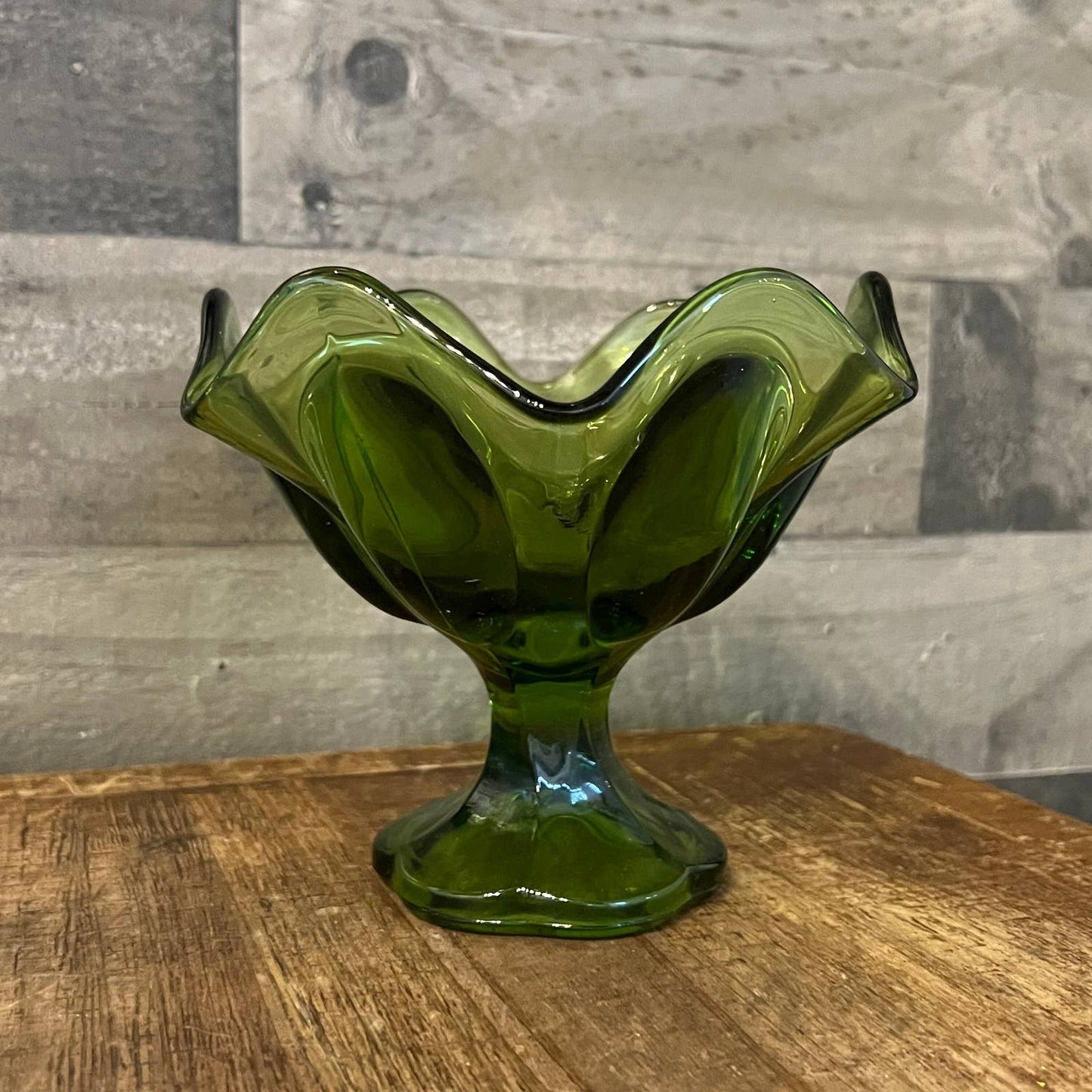 Avocado green glass petite wavy rim compote bowl