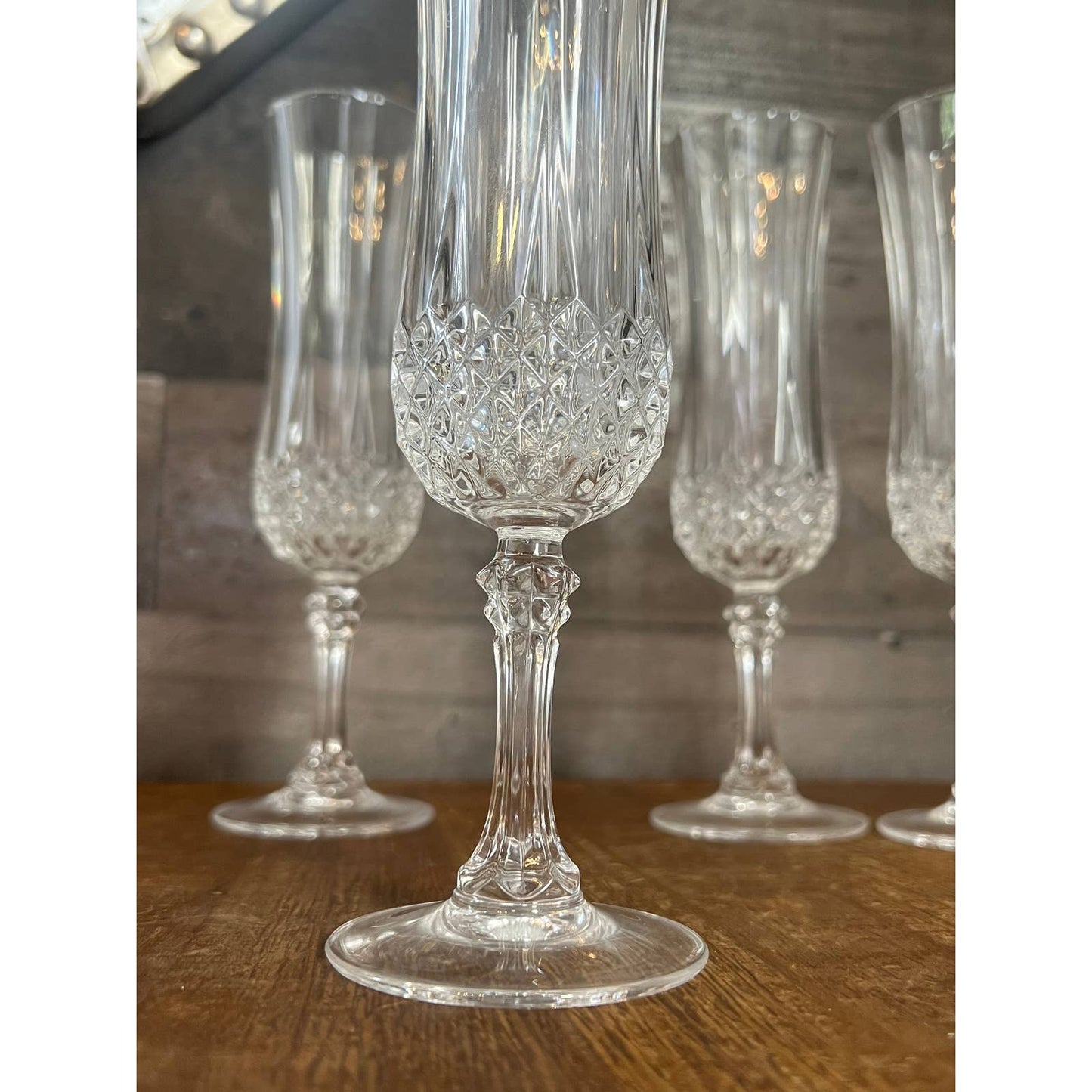 4 Vintage Cristal D’Arques Durand clear crystal faceted stem champagne glasses