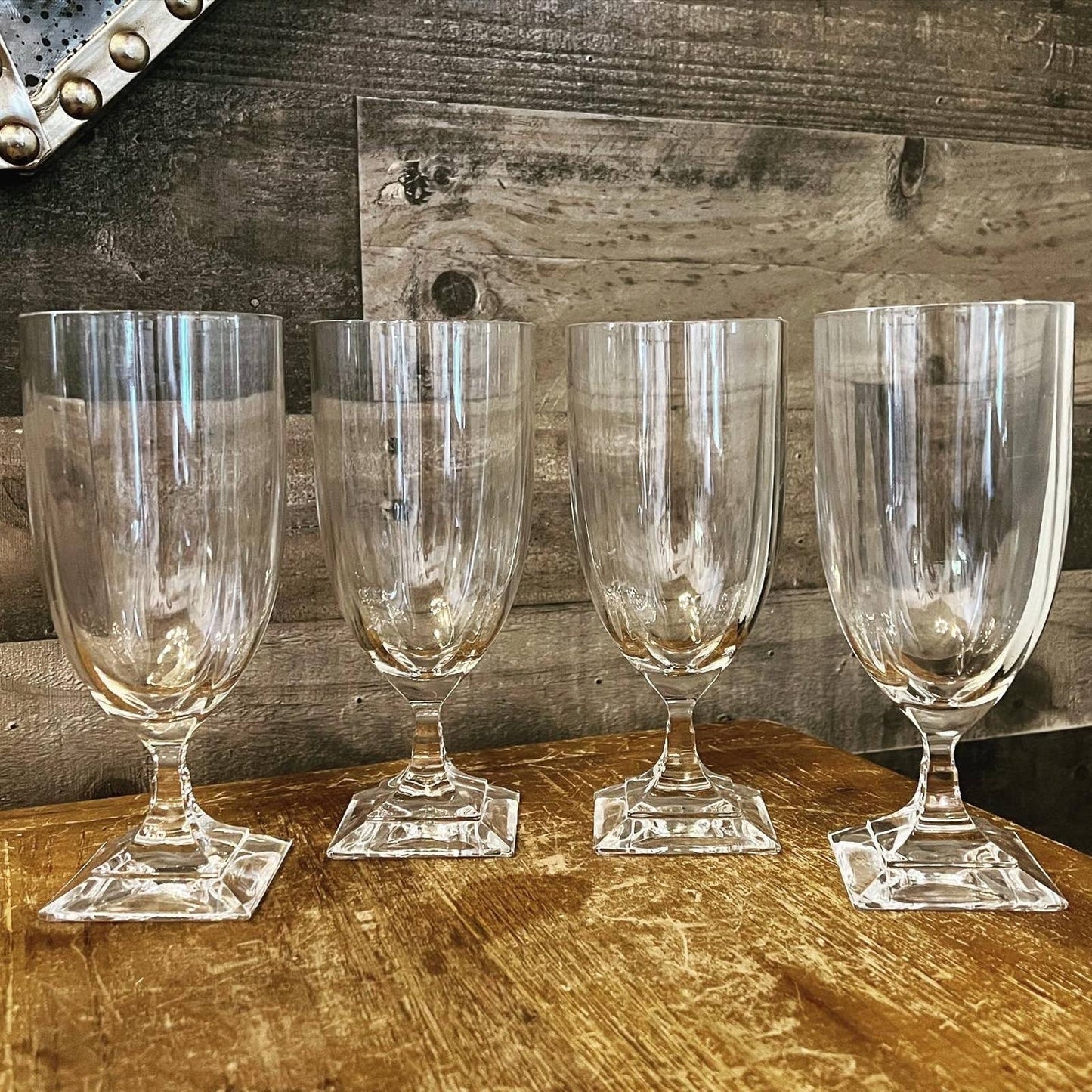 Elegant set of 4 square pedestal base clear glass goblets