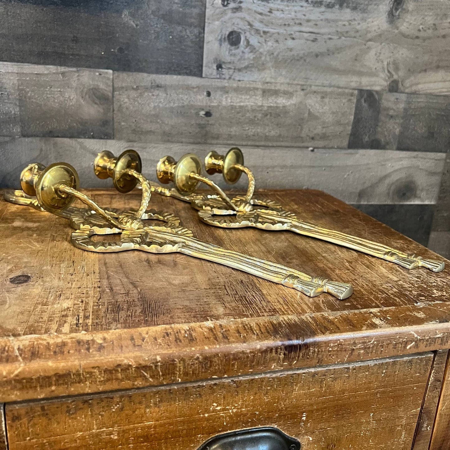 Vintage brass bow ribbon tassel wall sconces - pair