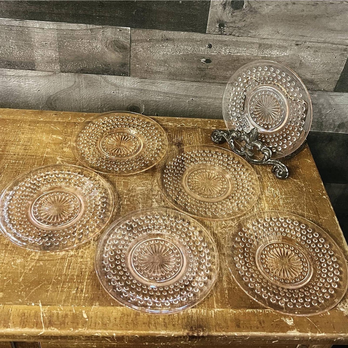 Vintage set of 6 anchor hocking pink depression glass hobnail small plates