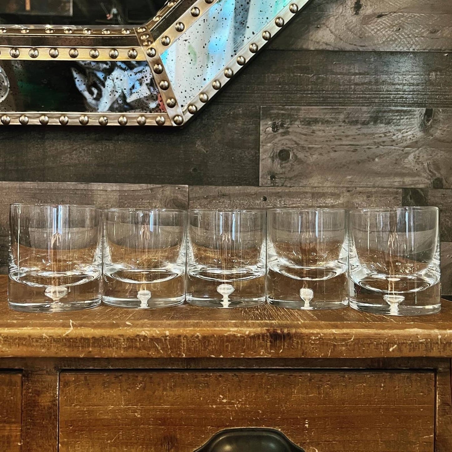 Glass blown old fashioned bubble base heavy drinking glasses - set of 5