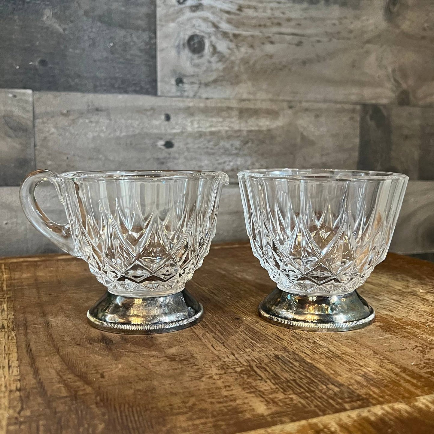 Vintage Val Saint Lambert crystal sugar and creamer with silver plated base