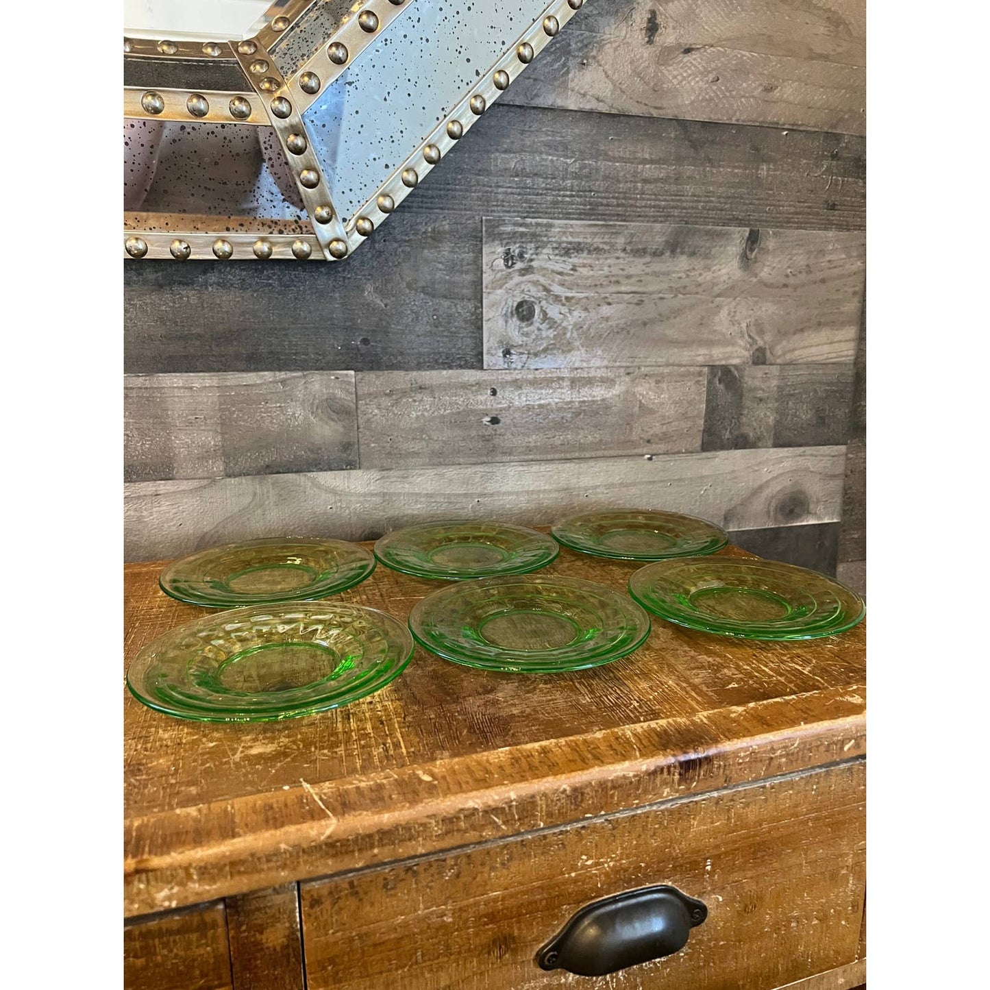 6 vintage anchor hocking 1930s optic block green glass vaseline uranium saucers
