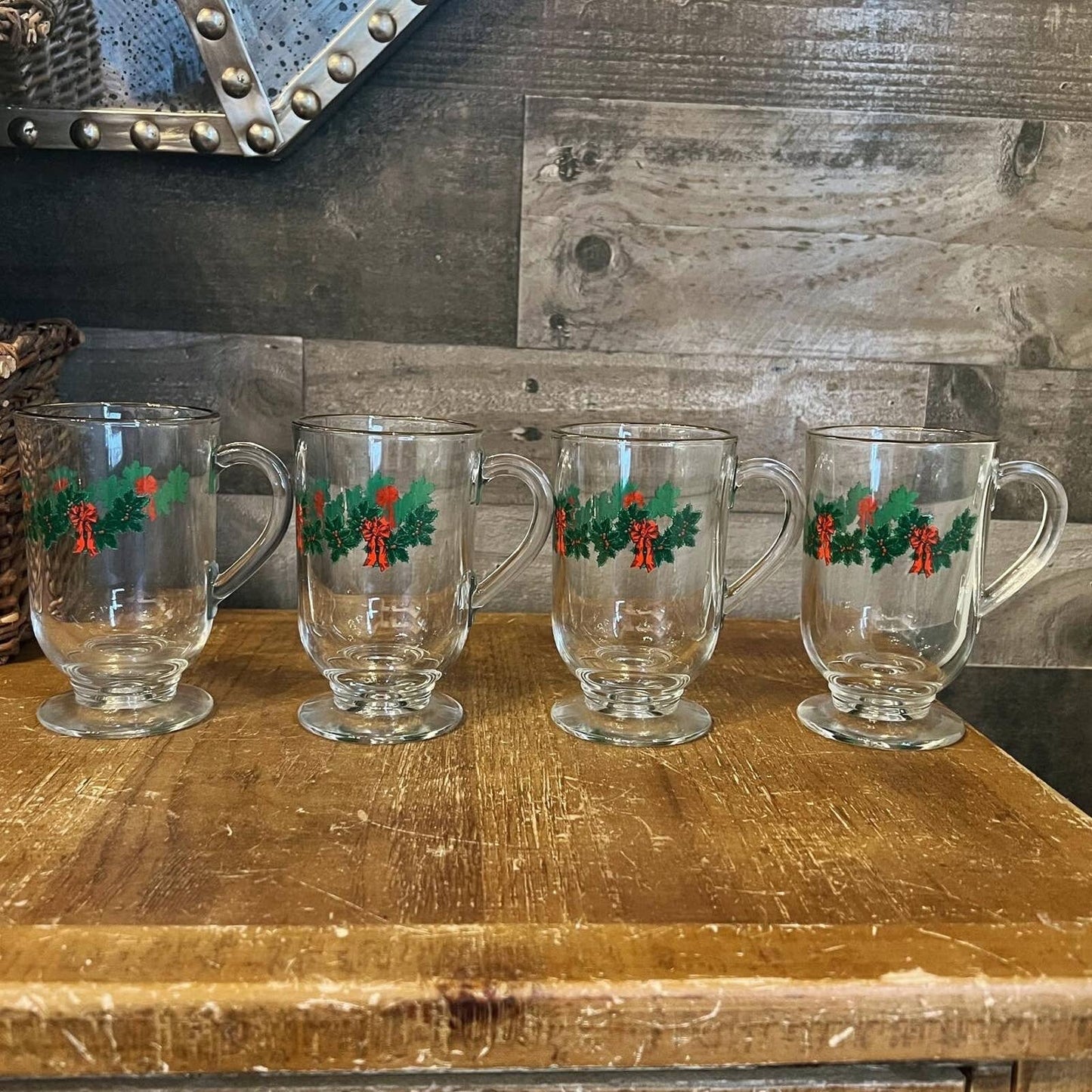 4 vintage holiday Libbey glass green garland red bows holly berries mugs