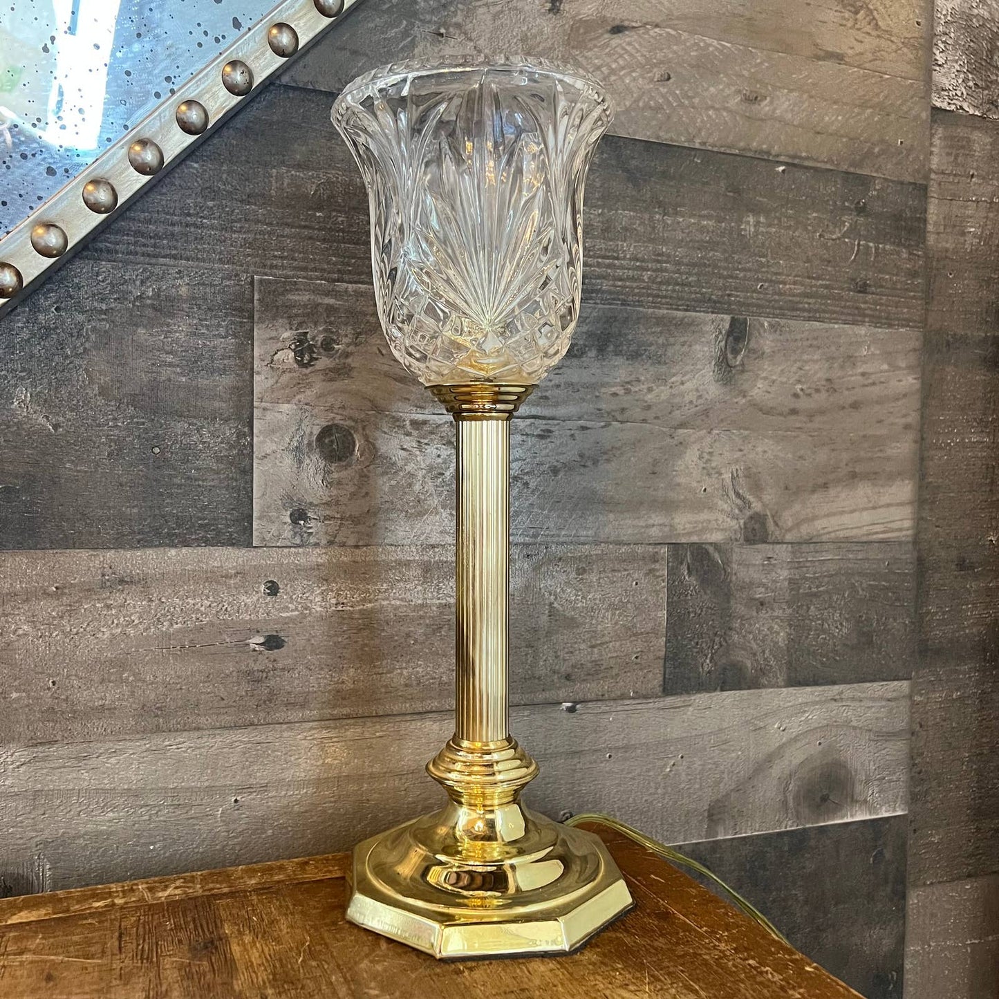 Vintage brass candlestick lamp with crystal shade
