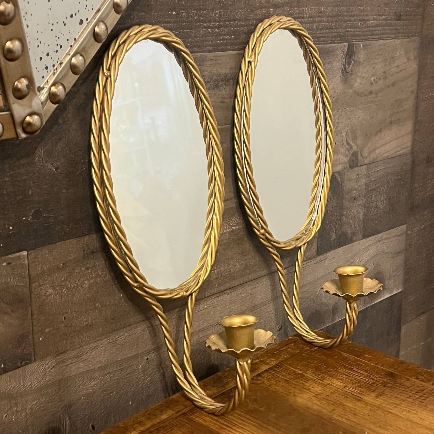Vintage pair of gold braid mirrored candlestick wall sconces