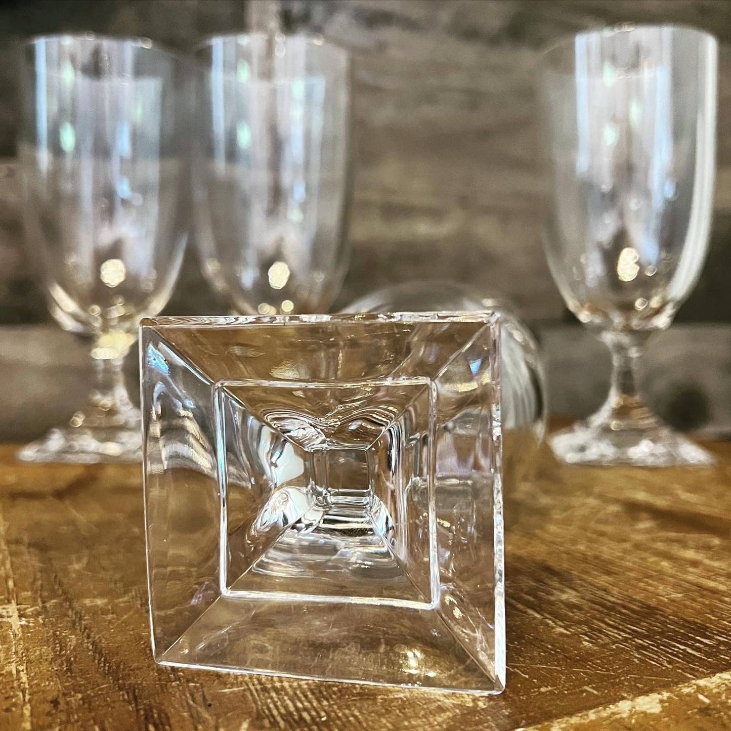 Elegant set of 4 square pedestal base clear glass goblets