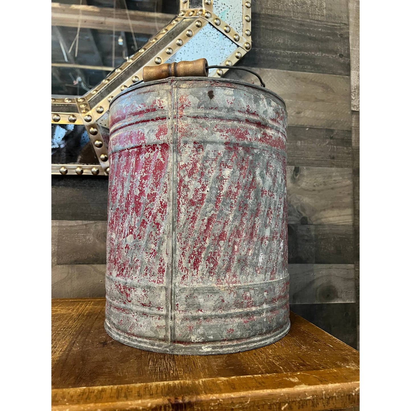 Vintage galvanized rustic metal handles gasoline can - red chipped paint gasoline can with handle and spout