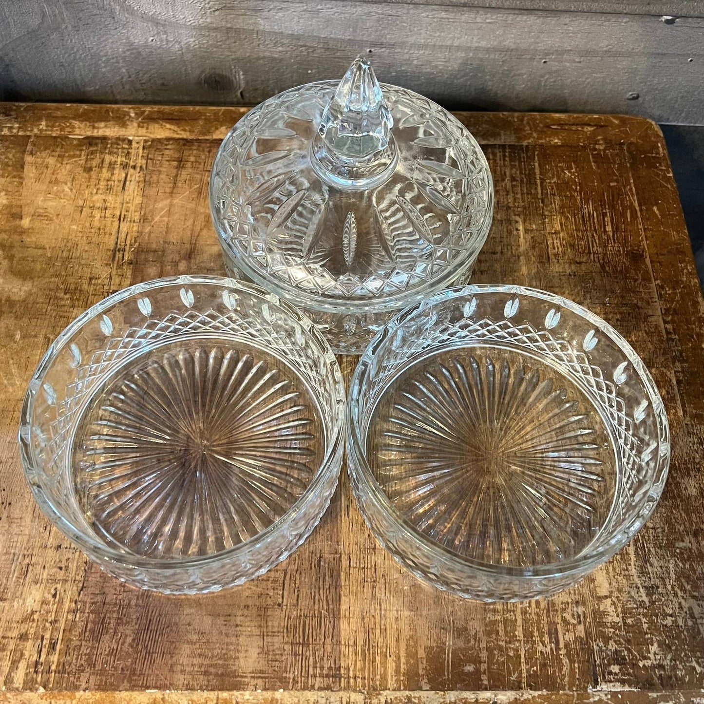 Vintage Indiana Glass 3 tier princess cut clear lidded dish