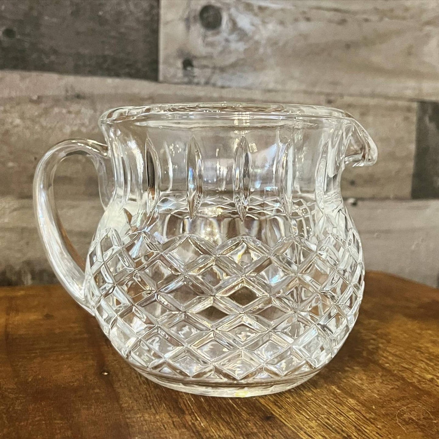 Vintage petite diamond cut heavy crystal handles pitcher - squat pitcher - martini pitcher - drink pitcher - bar pitcher - bar cart pitcher