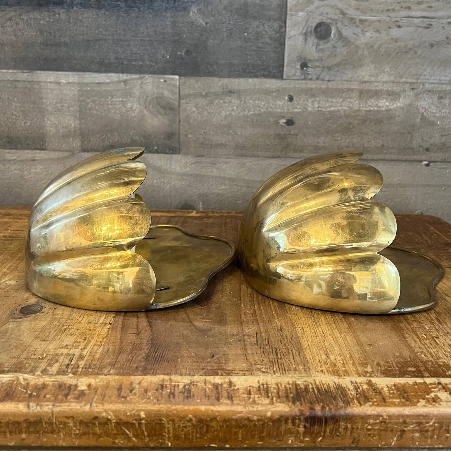 Vintage brass scallop edge wall planters - pair