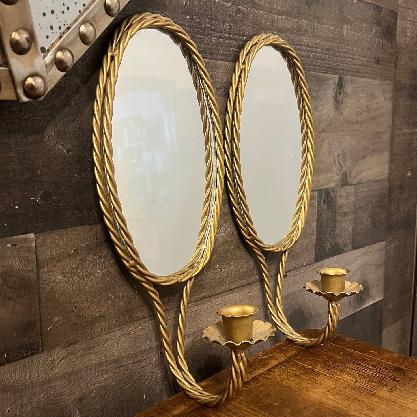 Vintage pair of gold braid mirrored candlestick wall sconces