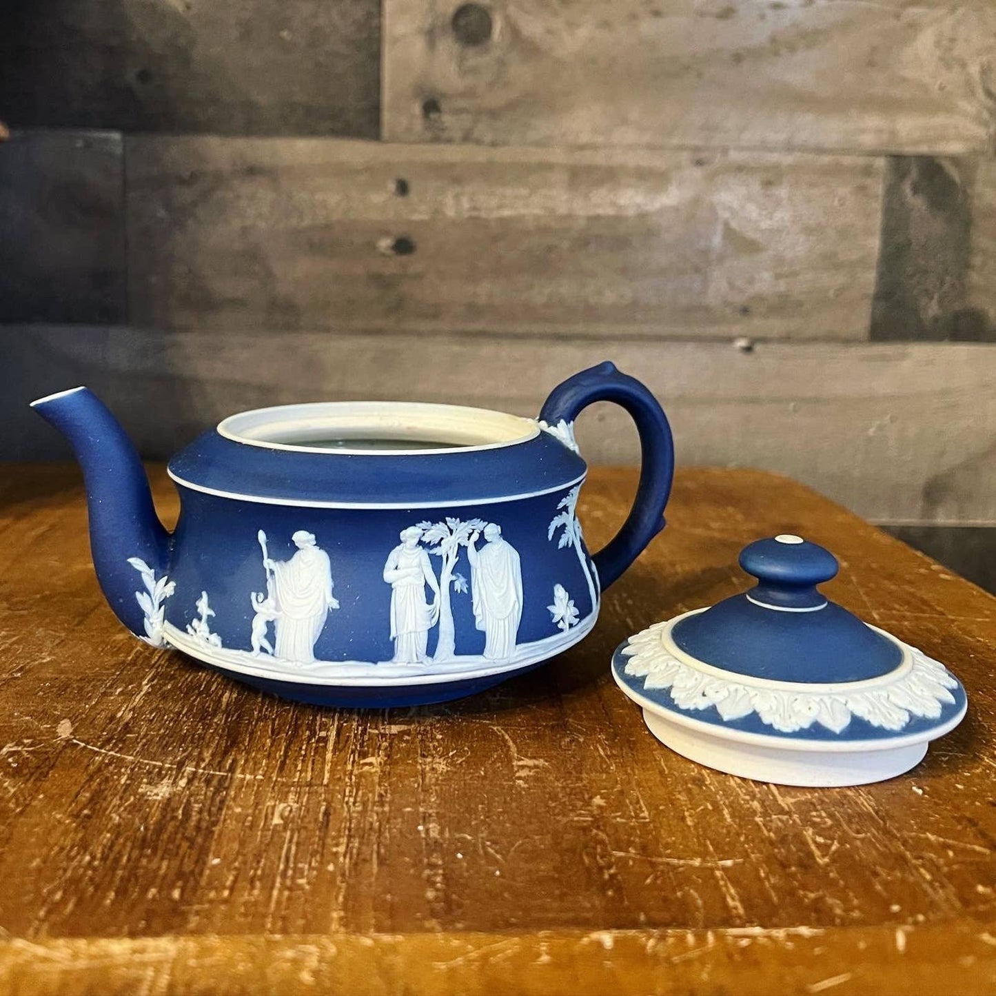 Petite Wedgwood jasperware cream on cobalt blue teapot