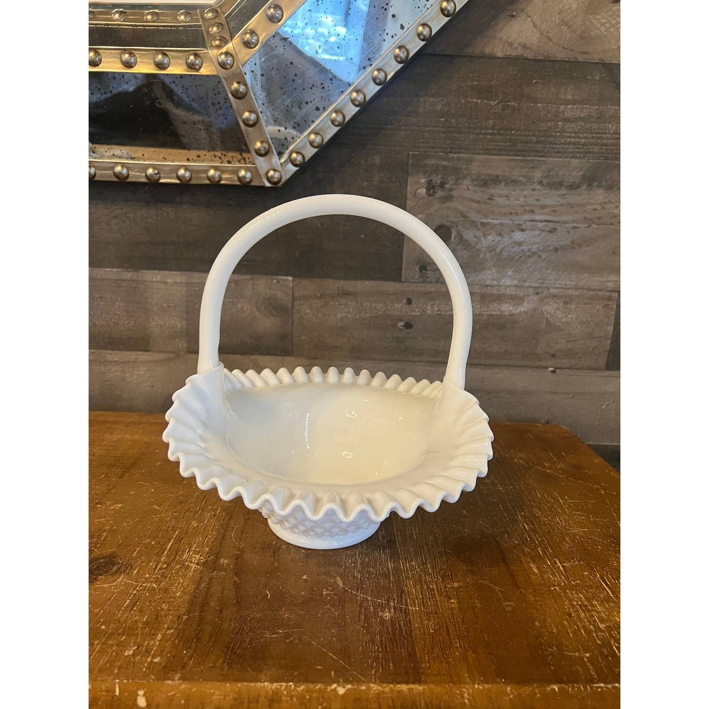 Vintage Fenton hobnail white milk glass handle basket with ruffled ribbon edge