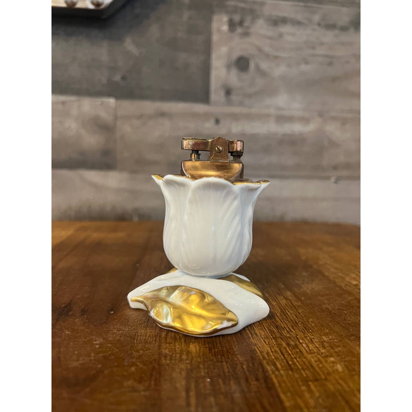 Rosenfeld Imports NY porcelain white and gold rose brass / copper table lighter