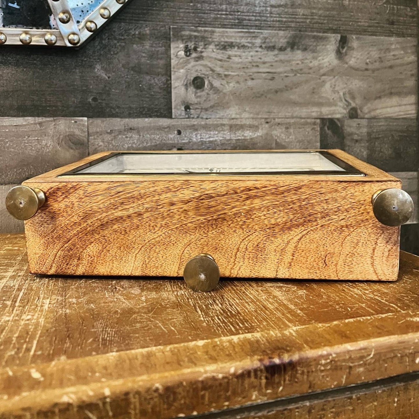 Barnes High Street tri brass footed wooden rectangle analog Roman numeral clock