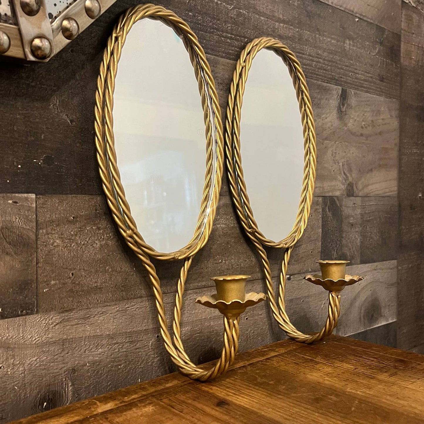 Vintage pair of gold braid mirrored candlestick wall sconces