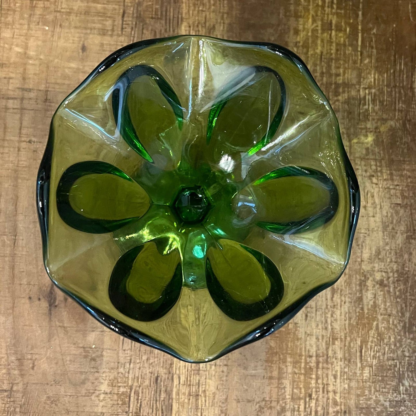 Avocado green glass petite wavy rim compote bowl