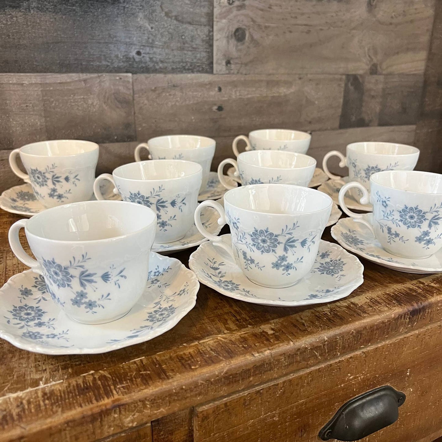 Christina Porcelain Bavarian Blue Seldmann Welden teacups and saucers - set of 9