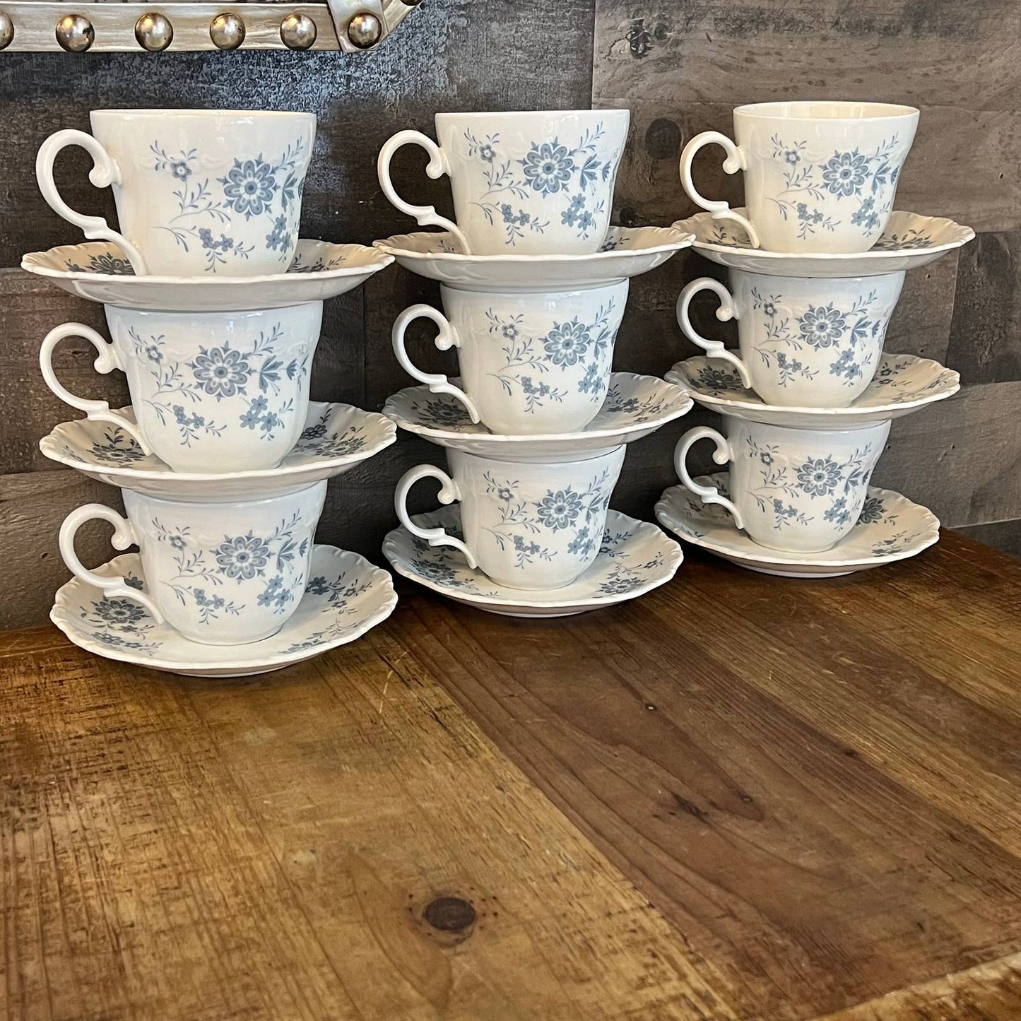 Christina Porcelain Bavarian Blue Seldmann Welden teacups and saucers - set of 9