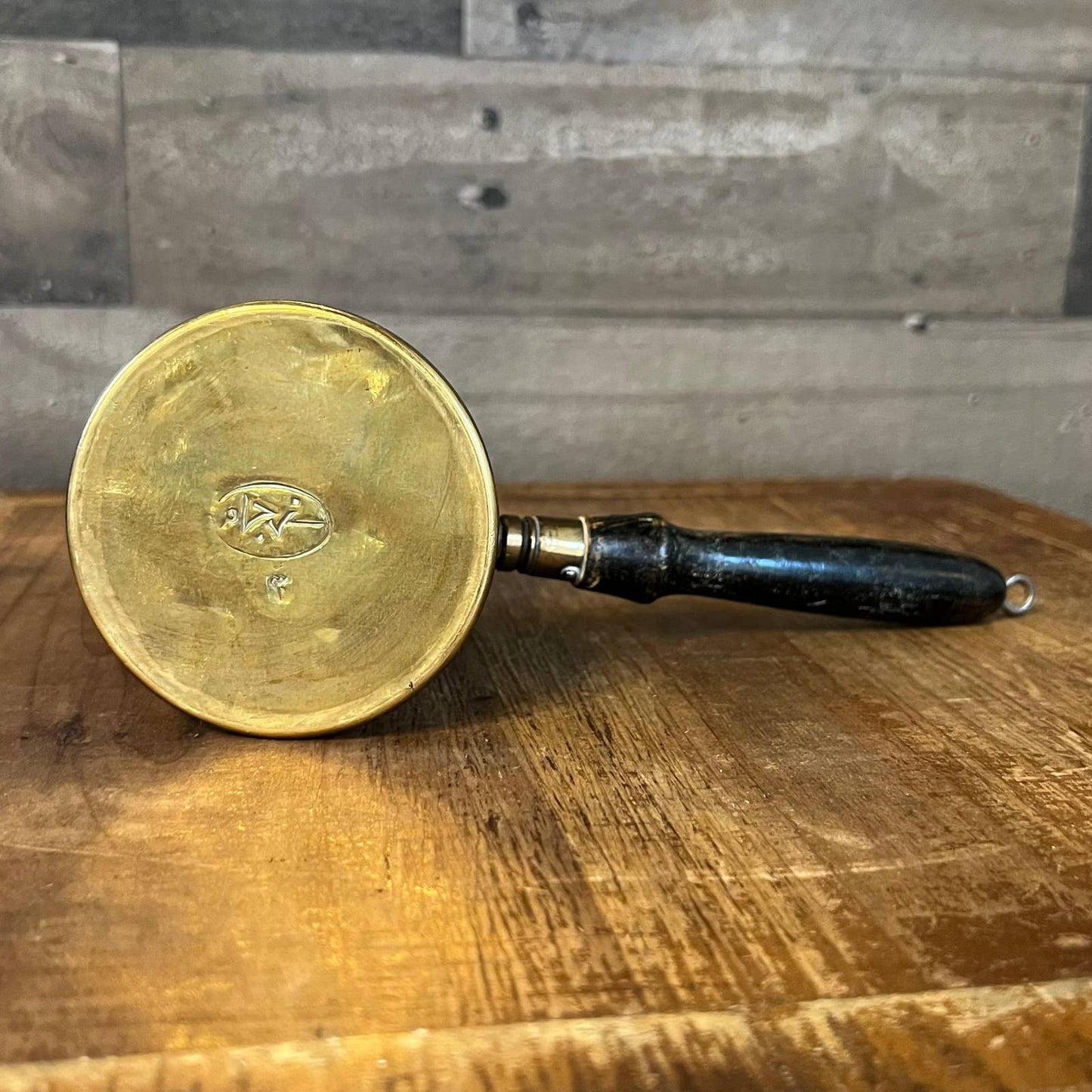 Vintage brass butter warmer with wooden handle