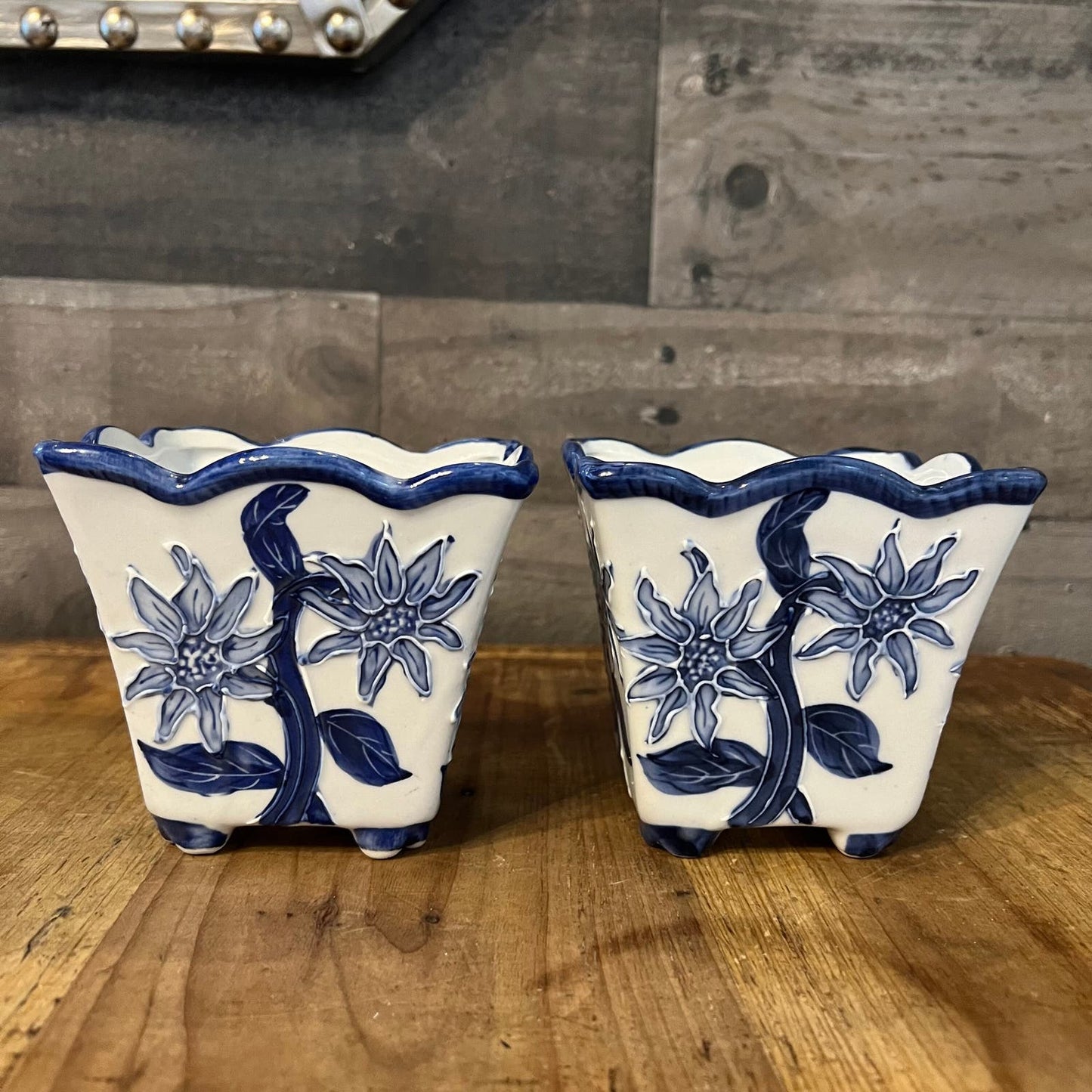 Blue and White Floral Scallop Rim Planters - Pair